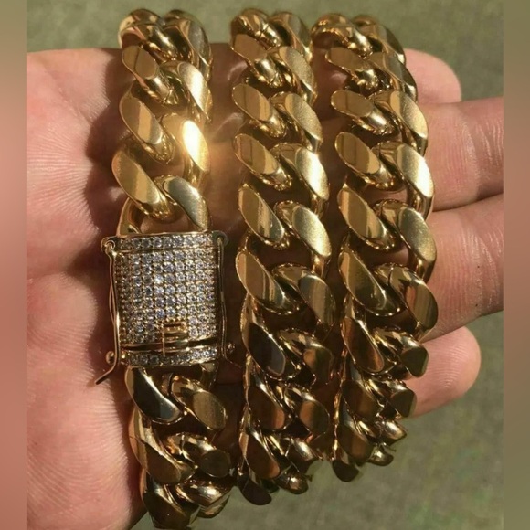 🔥Cz Diamond Miami Cubian Chain Stamp 14k Gold Plated 5X Layered 14m Thick 18” - Picture 8 of 8